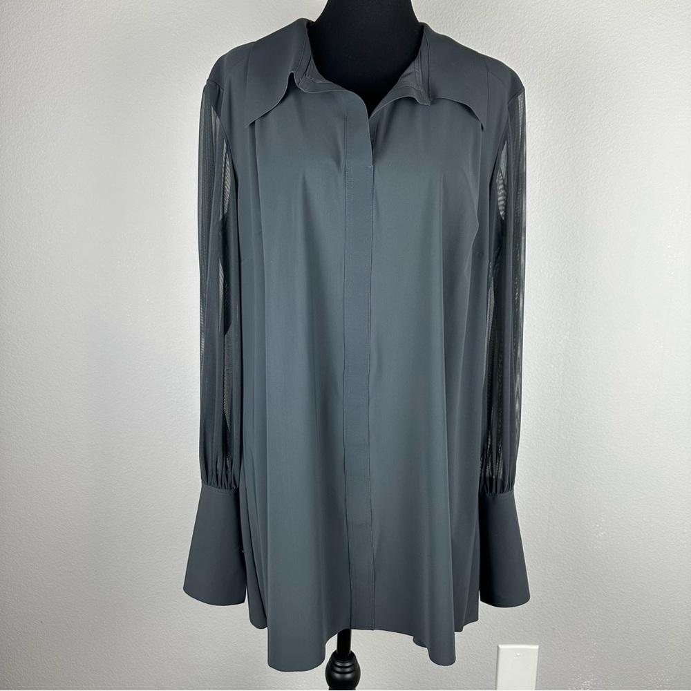Chiara Boni Tunic Top Size 52 US 16 Grey Sheer Sleeve Stretch Made in Italy